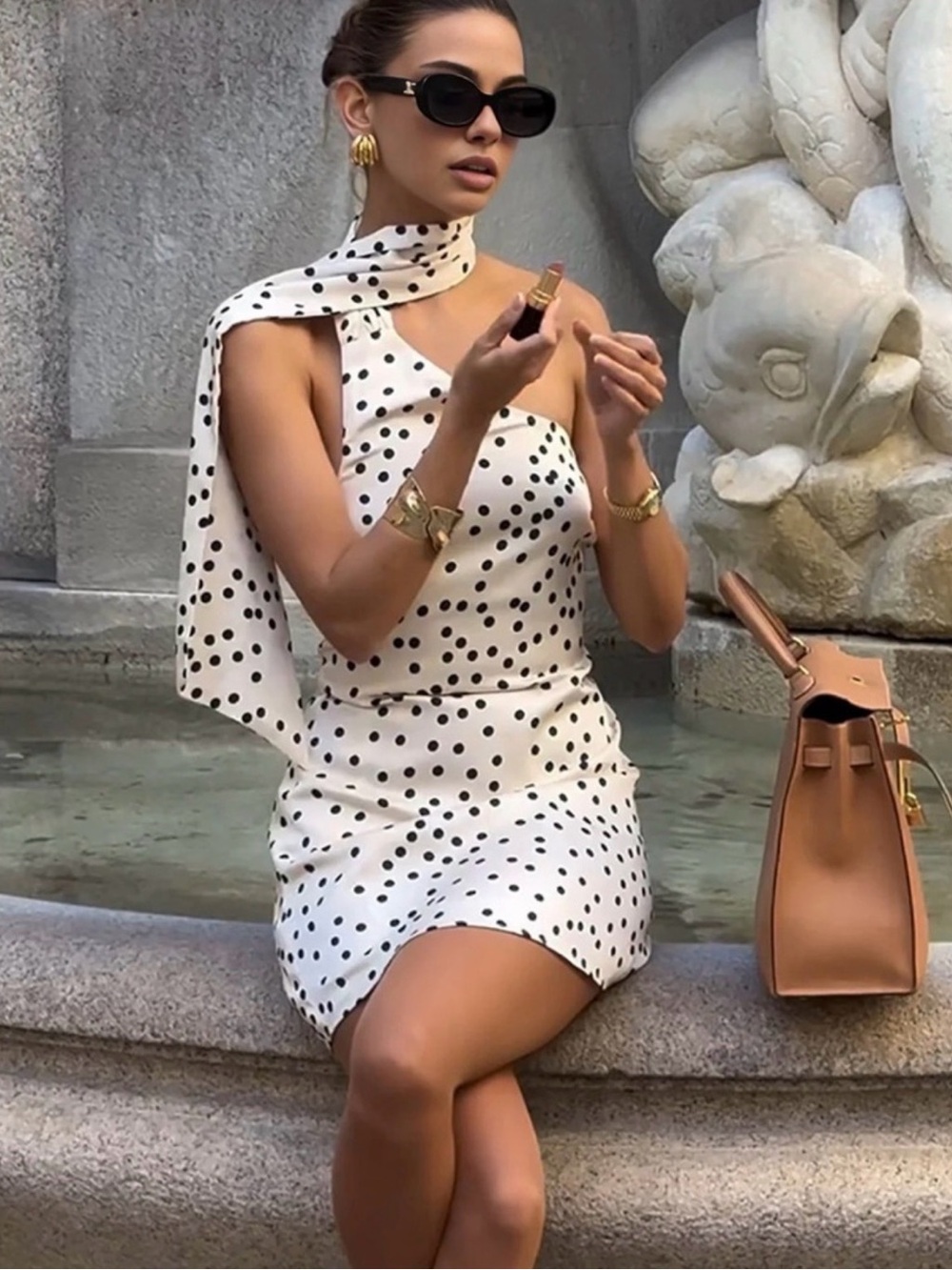 Polka Dot One-Shoulder Satin Mini Dress - White/Black - Picture 2 of 4